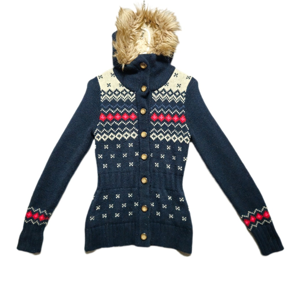 H&M Womens Small Hooded Cardigan Aztec Desigb Wool Blend Navy Faux Fur Trim Cozy